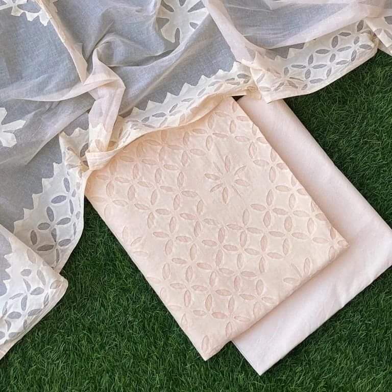Premium Applique Cotton Dress Material – Top, Dupatta & Bottom Set