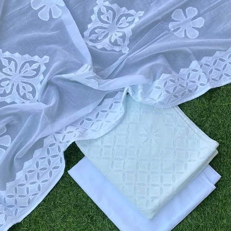 Premium Applique Cotton Dress Material – Top, Dupatta & Bottom Set