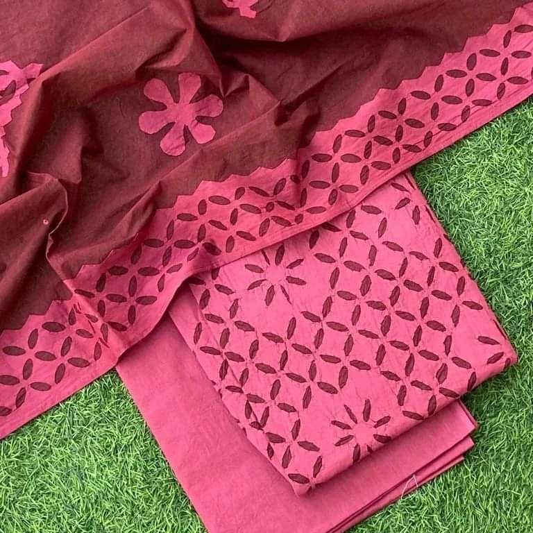 Premium Applique Cotton Dress Material – Top, Dupatta & Bottom Set