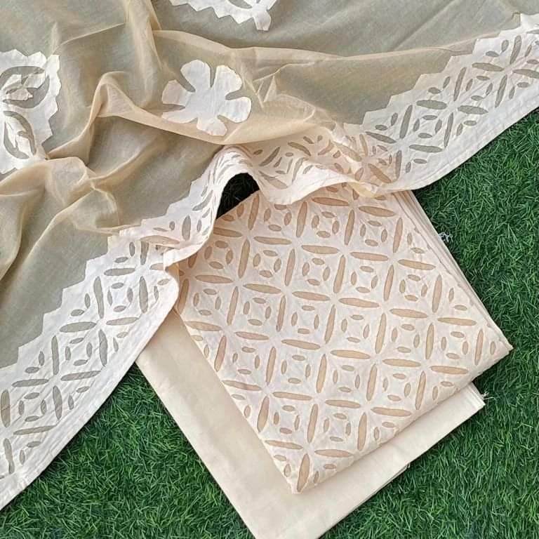Elegant Applique Work Cotton Fabric Set – Top, Dupatta, and Bottom in Customizable Colors