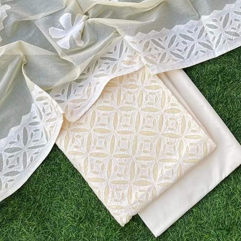Elegant Applique Work Cotton Fabric Set – Top, Dupatta, and Bottom in Customizable Colors