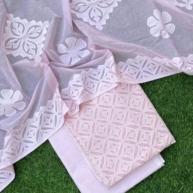 Elegant Applique Work Cotton Fabric Set – Top, Dupatta, and Bottom in Customizable Colors