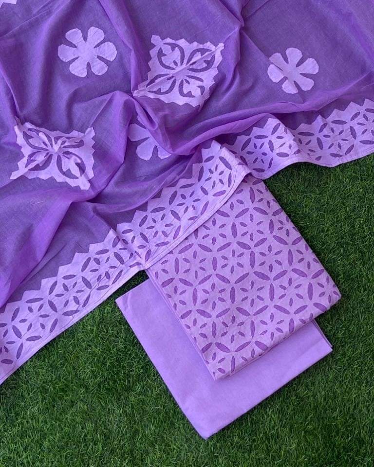 Applique Cotton Top & Dupatta Set with Plain Cotton Bottom – Customizable Colors