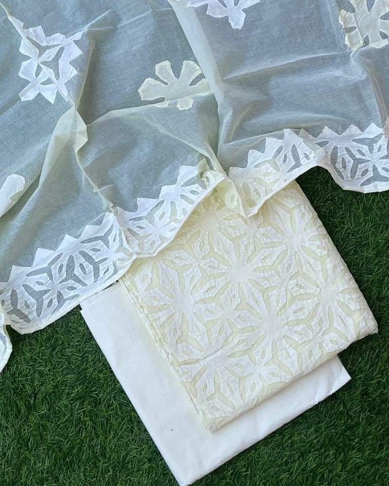 Applique Cotton Top & Dupatta Set with Plain Cotton Bottom – Customizable Colors