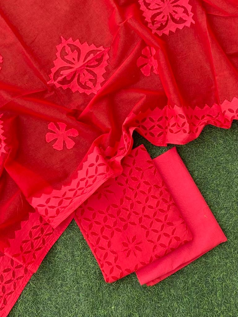 Premium Applique Cotton Dress Material – Top, Dupatta & Bottom Set