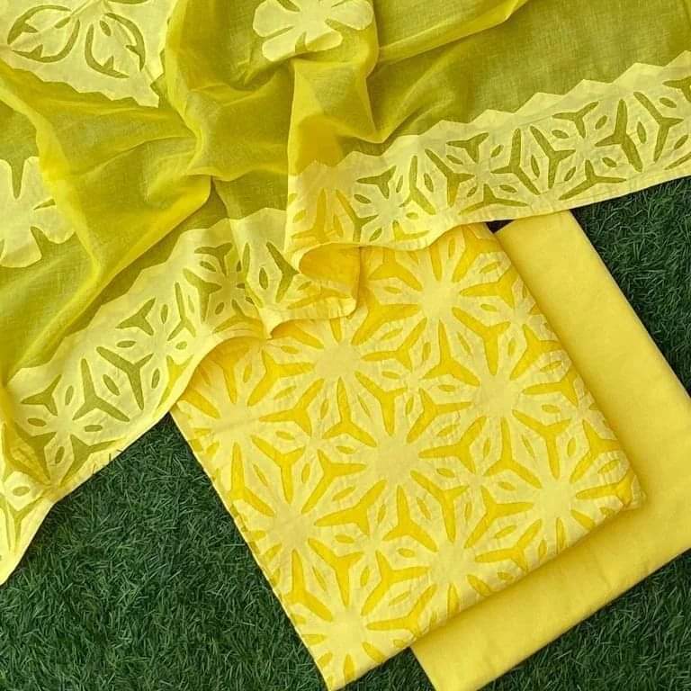 Applique Cotton Top & Dupatta Set with Plain Cotton Bottom – Customizable Colors