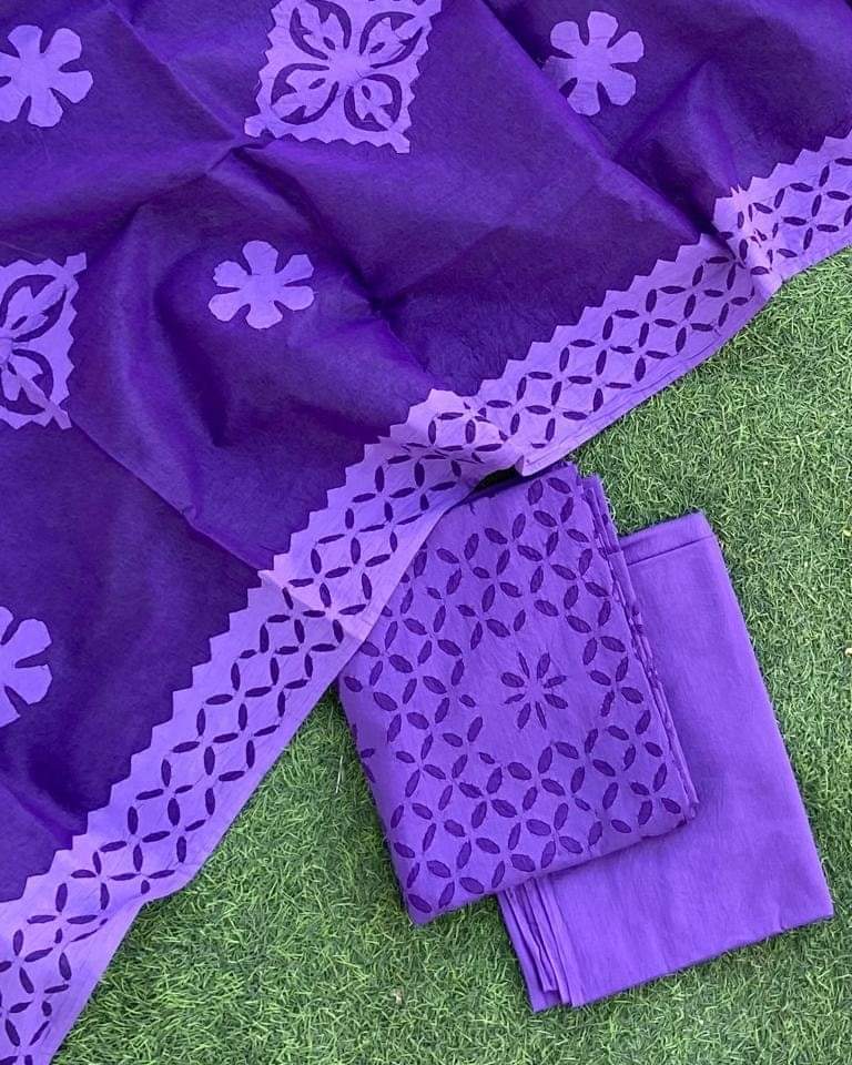Premium Applique Cotton Dress Material – Top, Dupatta & Bottom Set