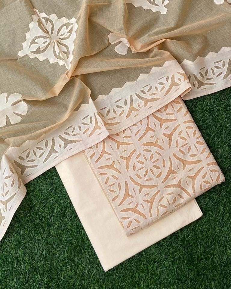Designer Applique Cotton Fabric Set – Stylish Top, Dupatta, and Bottom