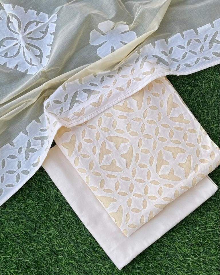 Handcrafted Applique Cotton Suit Set – Premium Top, Dupatta & Bottom Fabric