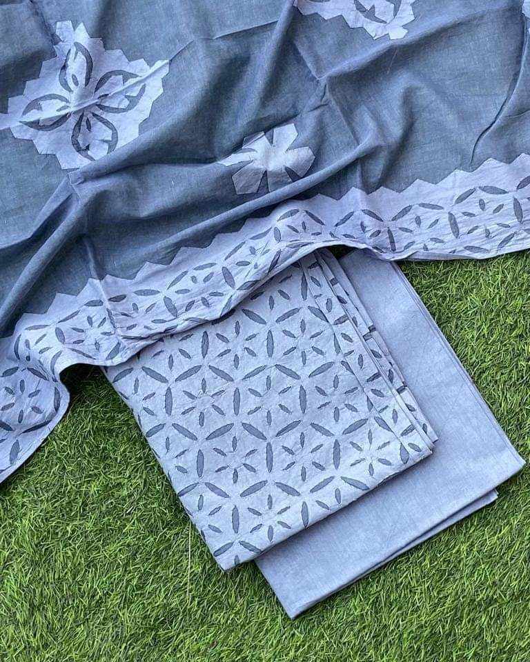 Applique Cotton Top & Dupatta Set with Plain Cotton Bottom – Customizable Colors