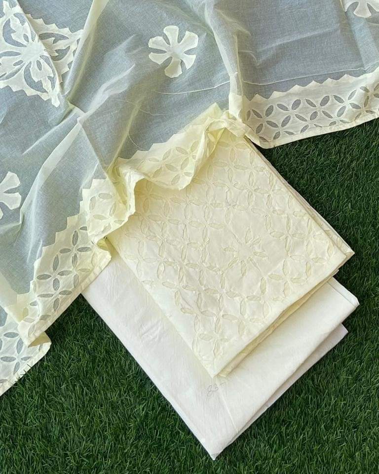 Premium Applique Cotton Dress Material – Top, Dupatta & Bottom Set
