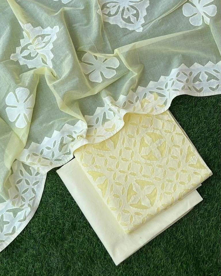 Handcrafted Applique Cotton Suit Set – Premium Top, Dupatta & Bottom Fabric