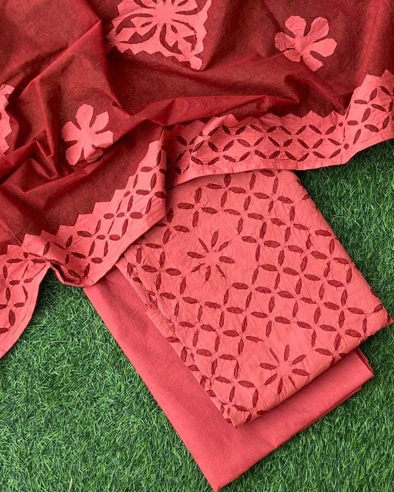 Premium Applique Cotton Dress Material – Top, Dupatta & Bottom Set