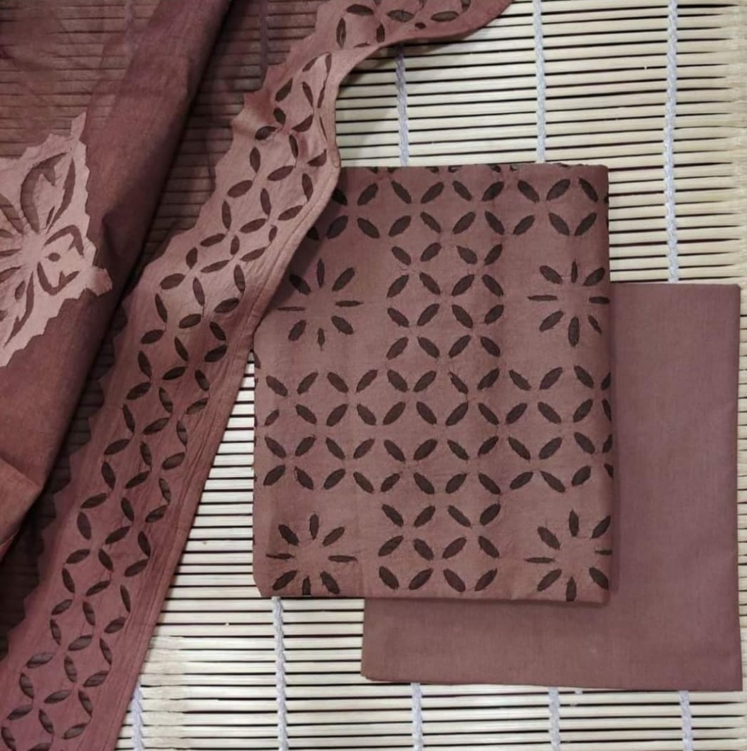 Premium Applique Cotton Dress Material – Top, Dupatta & Bottom Set