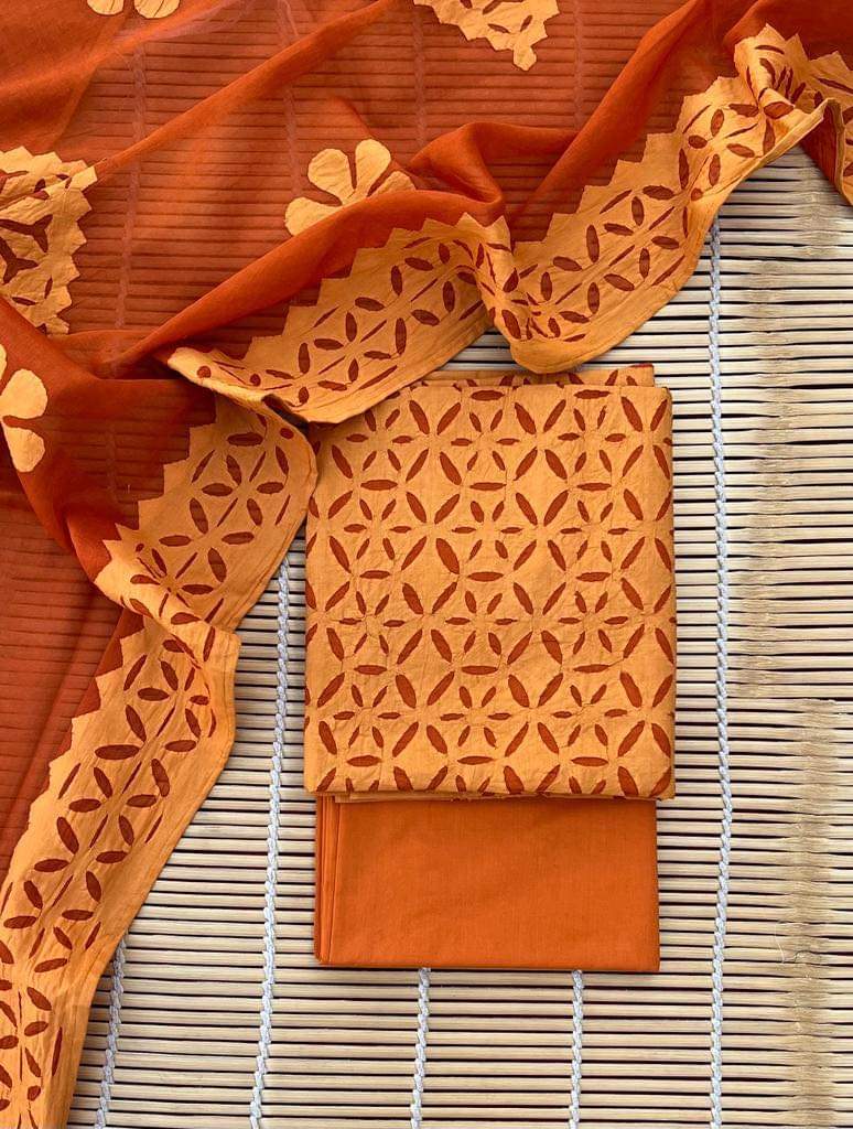 Applique Cotton Top & Dupatta Set with Plain Cotton Bottom – Customizable Colors