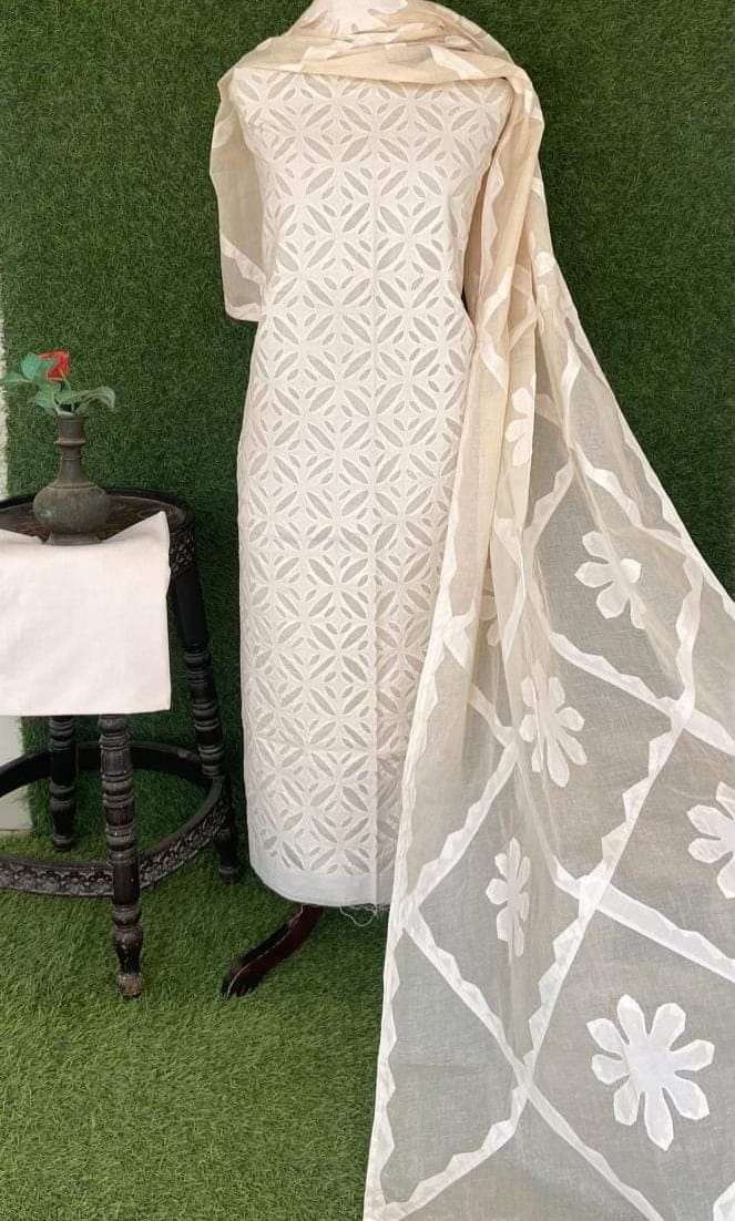 Applique Work Dress Material – Cotton with Organdy Cotton Soft Fabric
