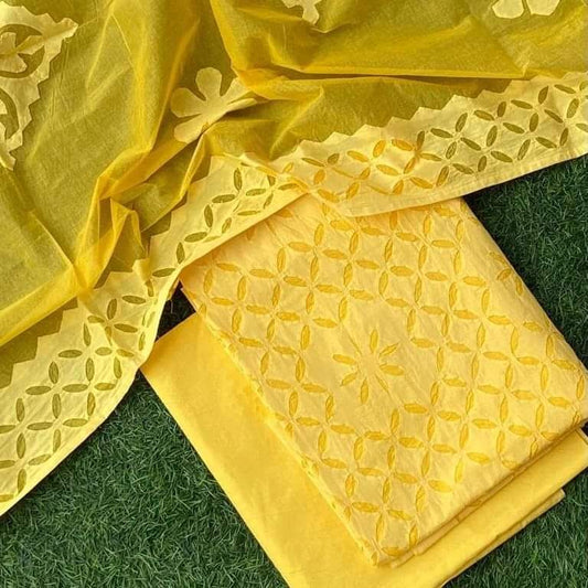 Premium Applique Cotton Dress Material – Top, Dupatta & Bottom Set