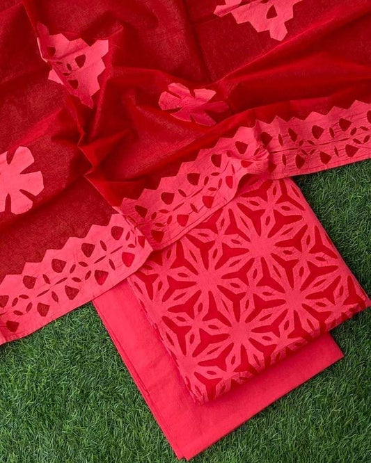 Applique Cotton Top & Dupatta Set with Plain Cotton Bottom – Customizable Colors