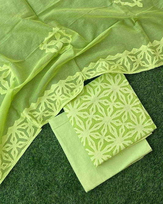 Applique Cotton Top & Dupatta Set with Plain Cotton Bottom – Customizable Colors