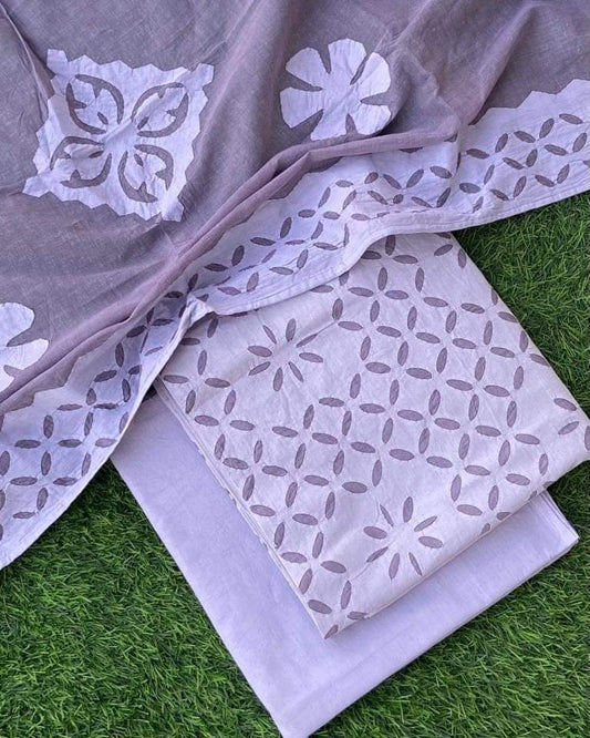 Premium Applique Cotton Dress Material – Top, Dupatta & Bottom Set