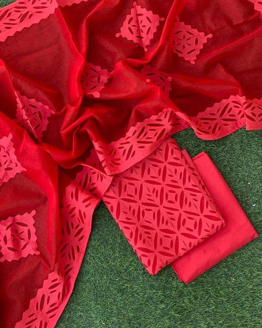 Elegant Applique Work Cotton Fabric Set – Top, Dupatta, and Bottom in Customizable Colors