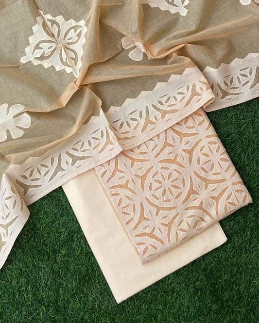 Designer Applique Cotton Fabric Set – Stylish Top, Dupatta, and Bottom