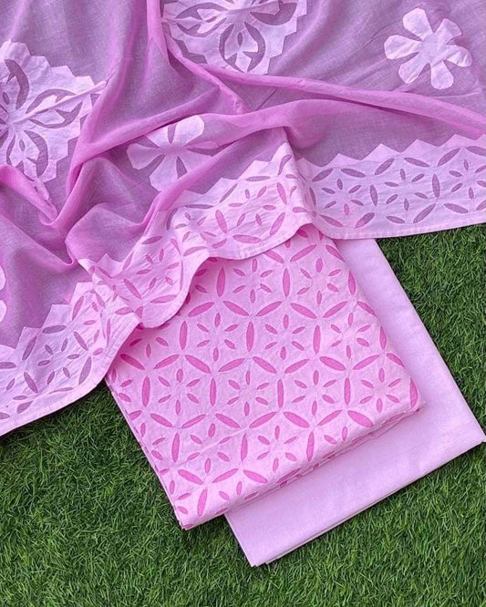Applique Cotton Top & Dupatta Set with Plain Cotton Bottom – Customizable Colors