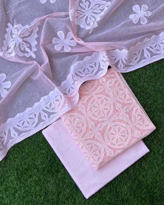 Designer Applique Cotton Fabric Set – Stylish Top, Dupatta, and Bottom