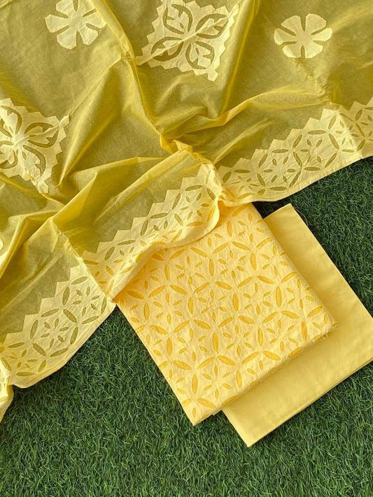 Applique Cotton Top & Dupatta Set with Plain Cotton Bottom – Customizable Colors